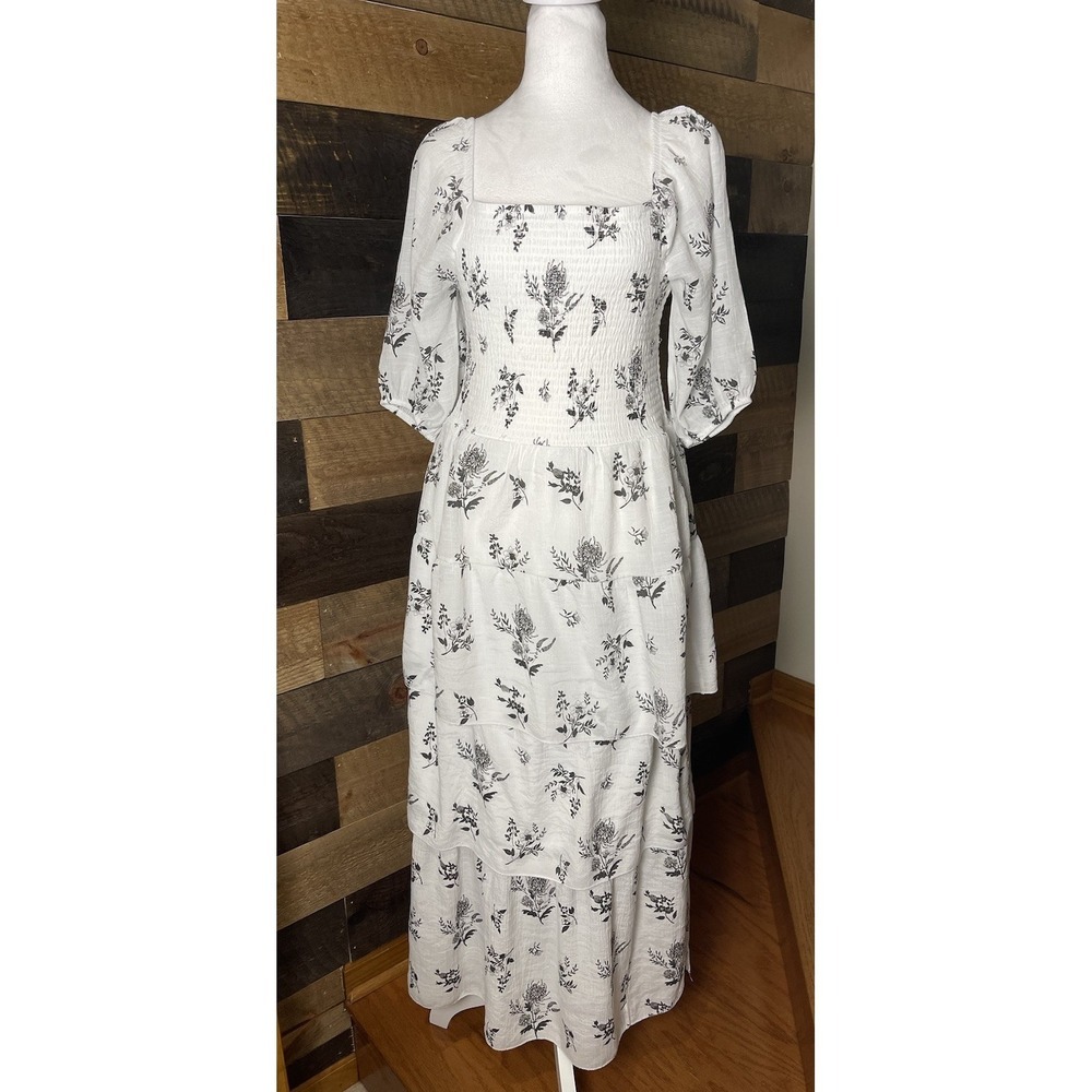J Gee Tiered Smocked White & Black Puff Sleeve Maxi Dress Milkmaid Cottagecore